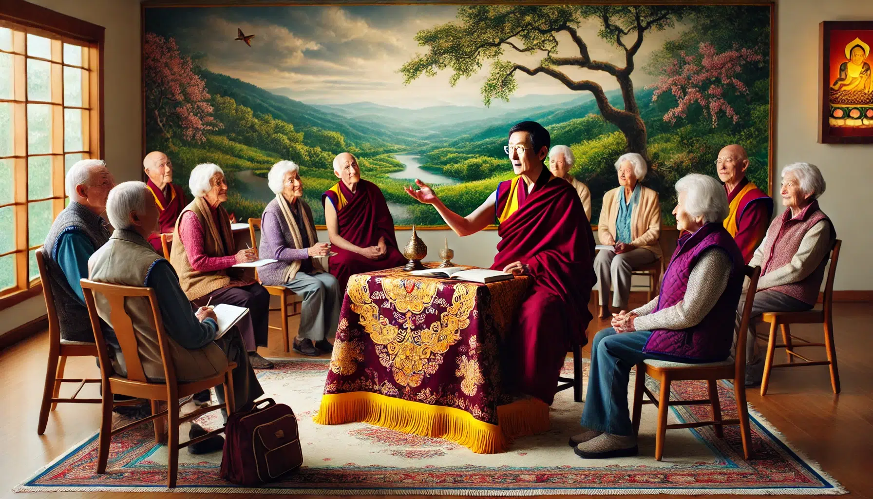Lama teaching with nature scene at Buddhist Senior Living