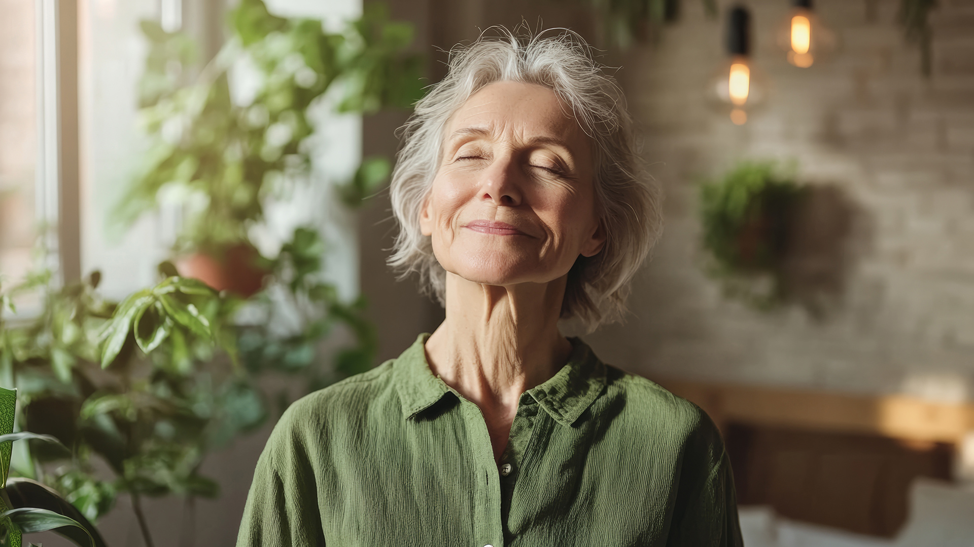 Older woman meditating calmly, illustrating Buddhist practice for healthy brain aging